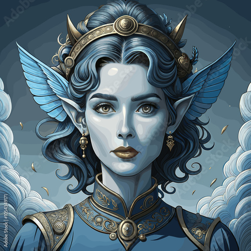 Stylized female angel character with wings and a crown in a regal expression and blue tones