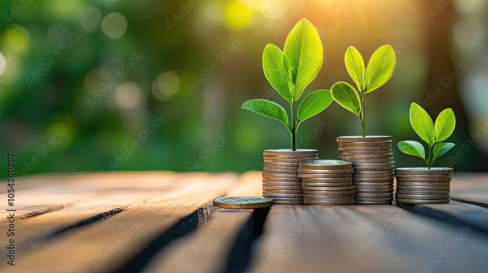 Green plants growing from coins symbolize investment and sustainability. Nature and finance unite for a bright future.