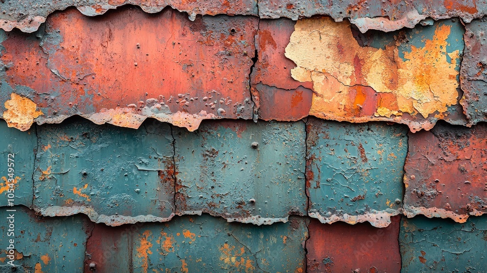 Close-up of weathered, colorful metal panels with peeling paint. Close-up of weathered, colorful metal panels with peeling paint.