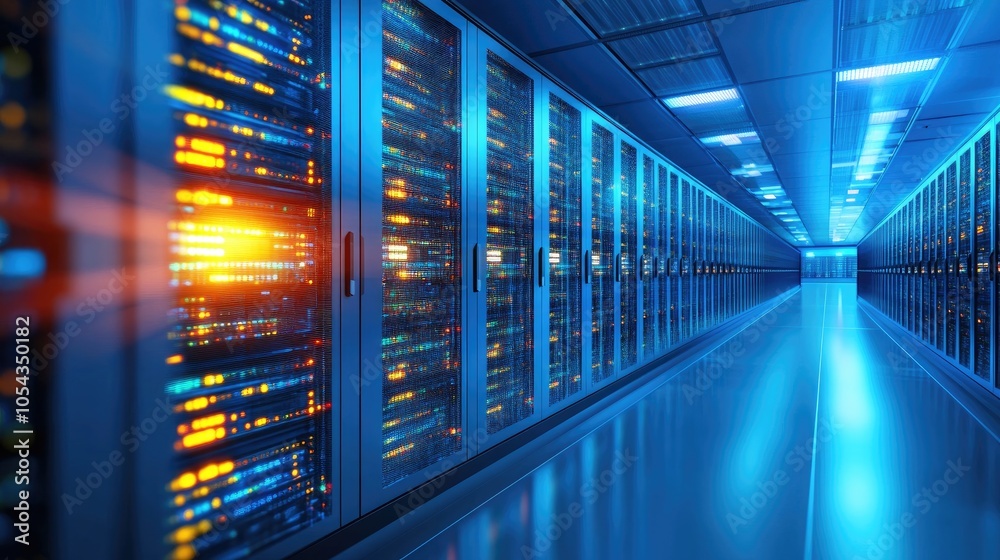 Obraz premium Modern data center with rows of servers illuminated by blue light, showcasing advanced technology in a sleek environment.