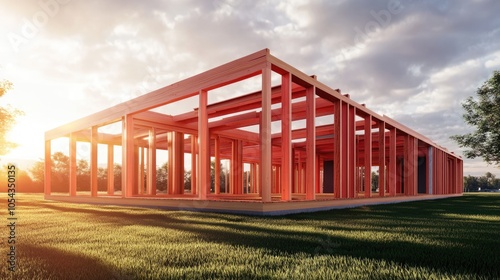 Modern construction of a vibrant red building showcases innovative architectural design in a serene outdoor setting.