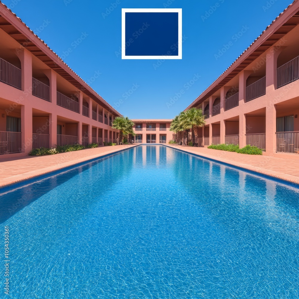 Fototapeta premium A serene swimming pool surrounded by modern architecture and clear blue skies.