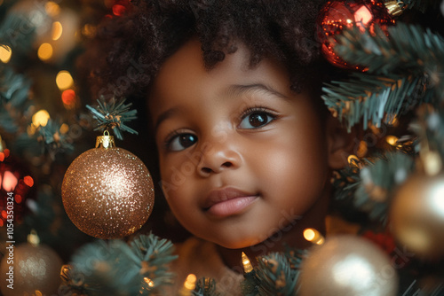 Adorable young girl gazing near Christmas tree decorations