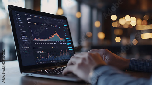 A person is typing on a laptop computer with a screen displaying a graph