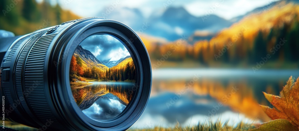 Camera lens captures a reflection of an autumnal lake and mountains. Camera lens captures a reflection of an autumnal lake and mountains.