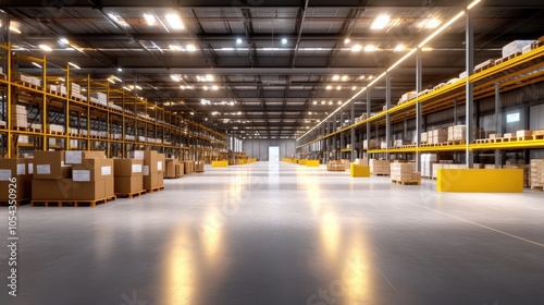 Spacious and well-lit warehouse interior featuring organized storage with stacked boxes and yellow shelving units.