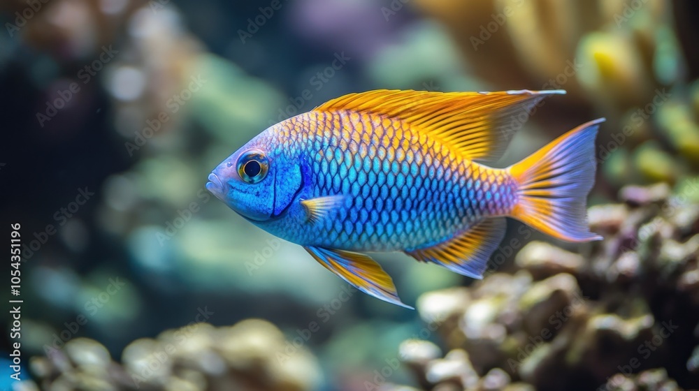 A vibrant blue and orange fish swims through a coral reef. A vibrant blue and orange fish swims through a coral reef.