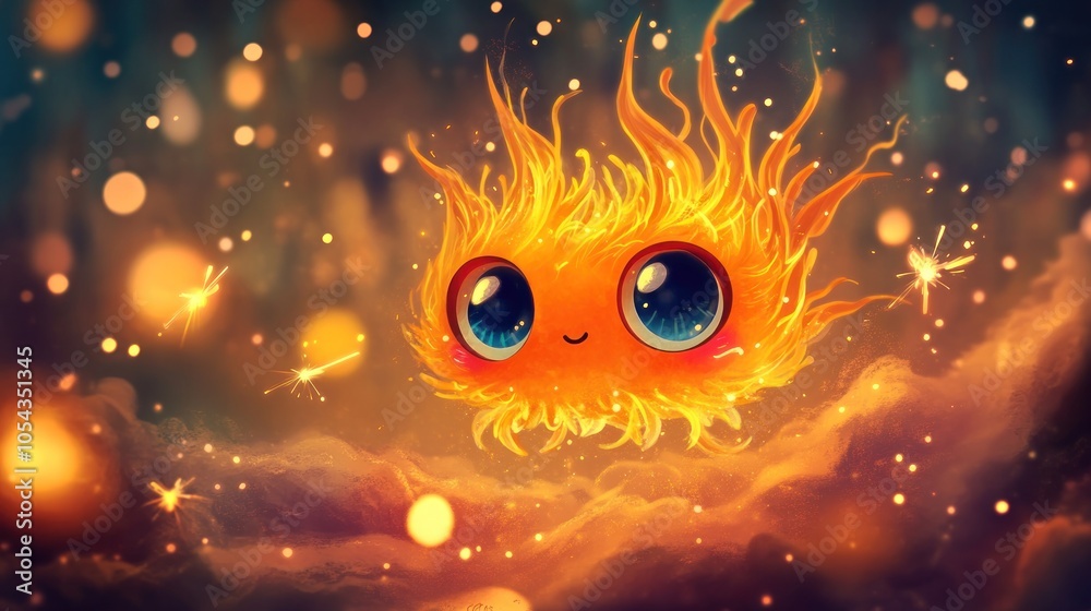 A cute, cartoon fire creature with big blue eyes floats in the air surrounded by glowing lights and fireflies. A cute, cartoon fire creature with big blue eyes floats in the air surrounded by glowing lights and fireflies.