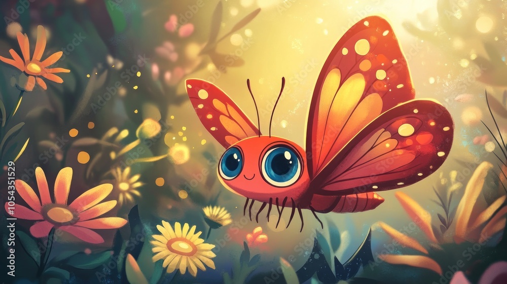 A cute cartoon butterfly with big eyes flies in a field of colorful flowers with a sunny background. A cute cartoon butterfly with big eyes flies in a field of colorful flowers with a sunny background.