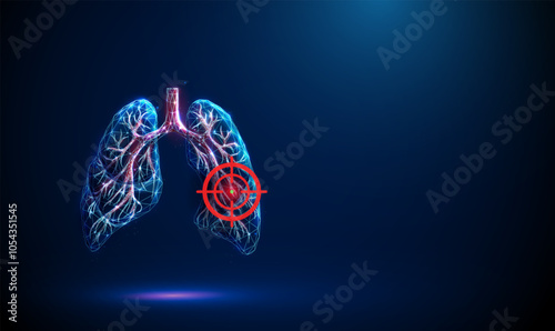 Abstract blue lungs with red human bronchial tree and red target sign. Lungs, bronchioles, trachea. Healthcare medical concept. Low poly digital futuristic style.