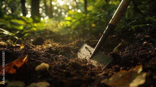 Gardening Tools in Soil Shovel in Forest Sunlit Ground Closeup