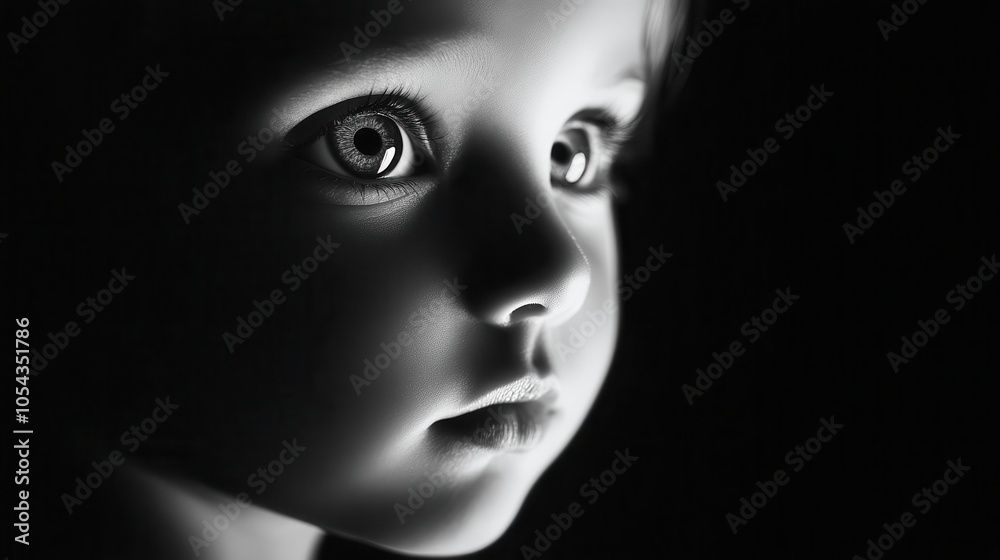 Artistic black and white portrait of a child with a thoughtful expression, Portrait, Innocence Artistic black and white portrait of a child with a thoughtful expression, Portrait, Innocence