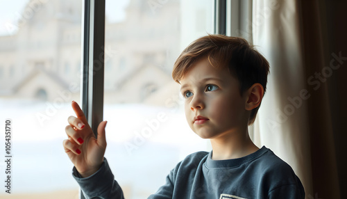 Sad Boy Looking Outside While Holding Glass Window isolated with white highlights, png