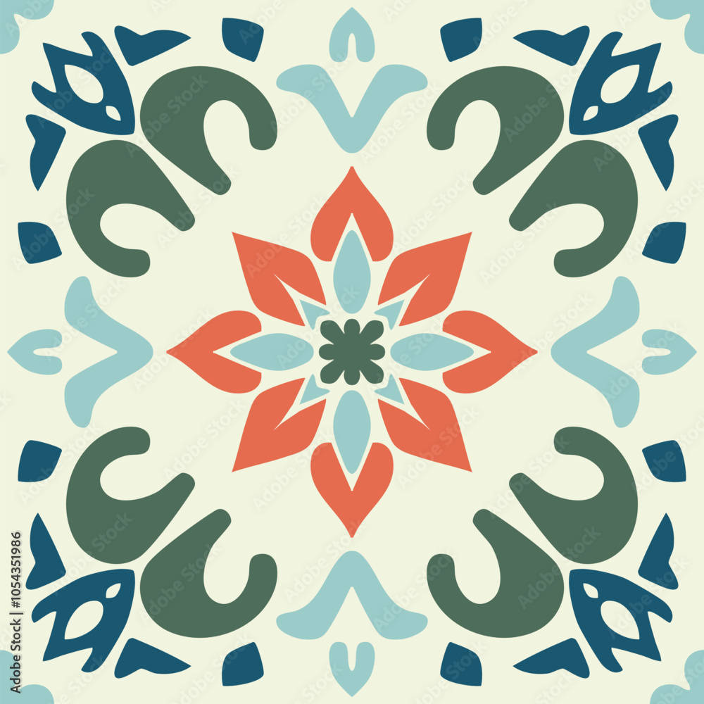Vector seamless pattern in ethnic folk style. Abstract colorful floral geometric ornament with indian, indonesian, balinese, thai, mexican motifs. Persian, turkish, iranian background. Repeated tiles