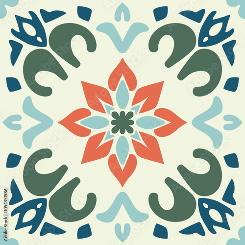 Vector seamless pattern in ethnic folk style. Abstract colorful floral geometric ornament with indian, indonesian, balinese, thai, mexican motifs. Persian, turkish, iranian background. Repeated tiles