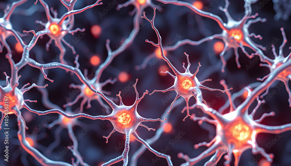 Neuronal network with electrical activity of neuron cells 3D rendering ...