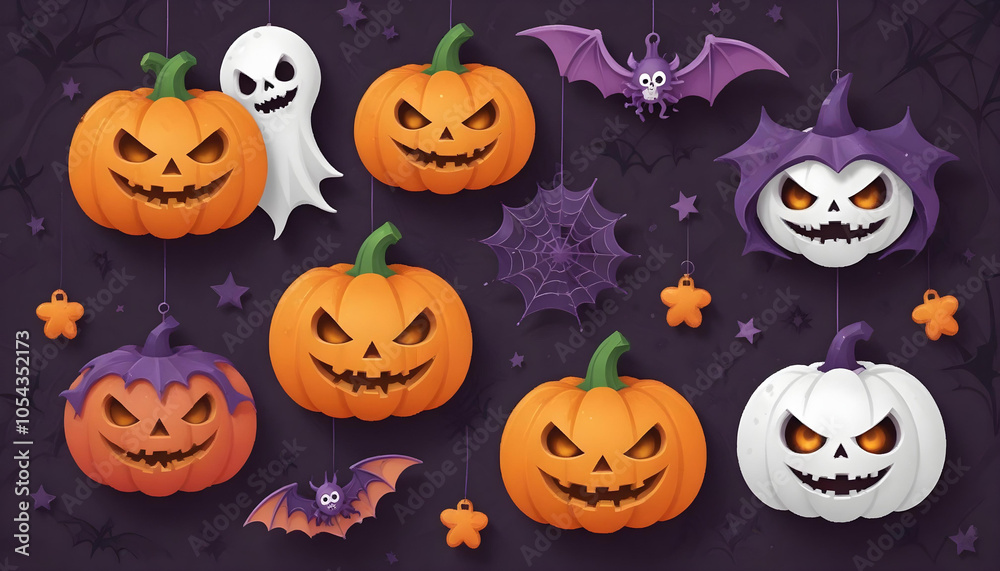 Collection of 3D icons of halloween pumpkins, bat icons, ghosts, witch hats, spider webs, skulls, old haunted houses on clean backgrounds Collection of 3D icons of halloween pumpkins, bat icons, ghosts, witch hats, spider webs, skulls, old haunted houses on clean backgrounds