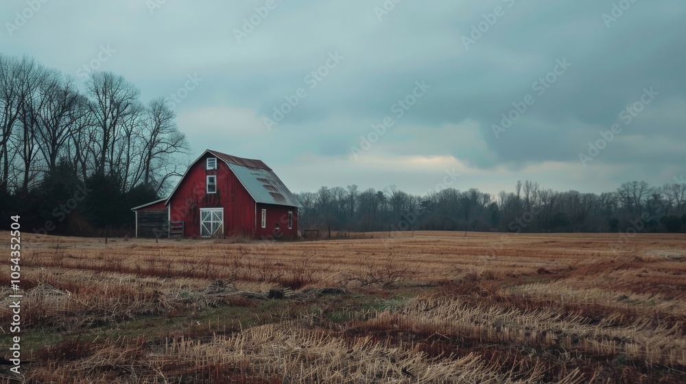 Rustic farmhouse with a red barn and wide-open fields, showcasing rural lifestyle and simplicity Rustic farmhouse with a red barn and wide-open fields, showcasing rural lifestyle and simplicity