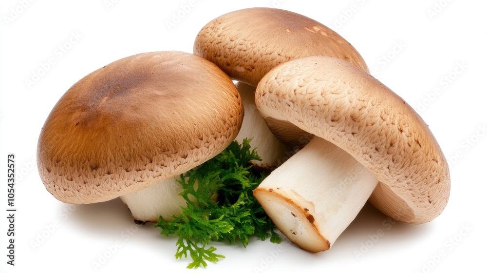Two brown mushrooms thrive on soft moss surrounded by green foliage, showcasing the beauty of forest life in full detail Two brown mushrooms thrive on soft moss surrounded by green foliage, showcasing the beauty of forest life in full detail