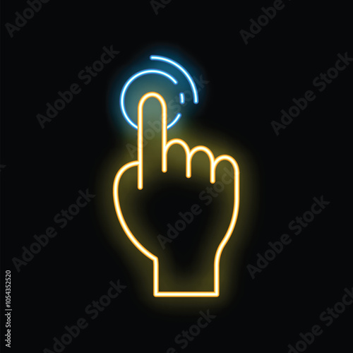 Neon sign of a hand with index finger extended touching a screen or button