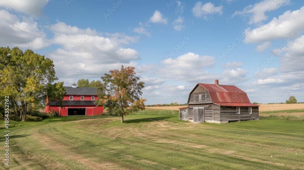 Rustic farmhouse with a red barn and wide-open fields, showcasing rural lifestyle and simplicity Rustic farmhouse with a red barn and wide-open fields, showcasing rural lifestyle and simplicity