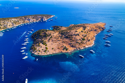 Fototapeta Naklejka Na Ścianę i Meble -  Turkbuku Bay of Bodrum. Mugla, Turkey. Aerial panoramic view of Turkbuku (Golturkbuku). Big Island. Drone shot.