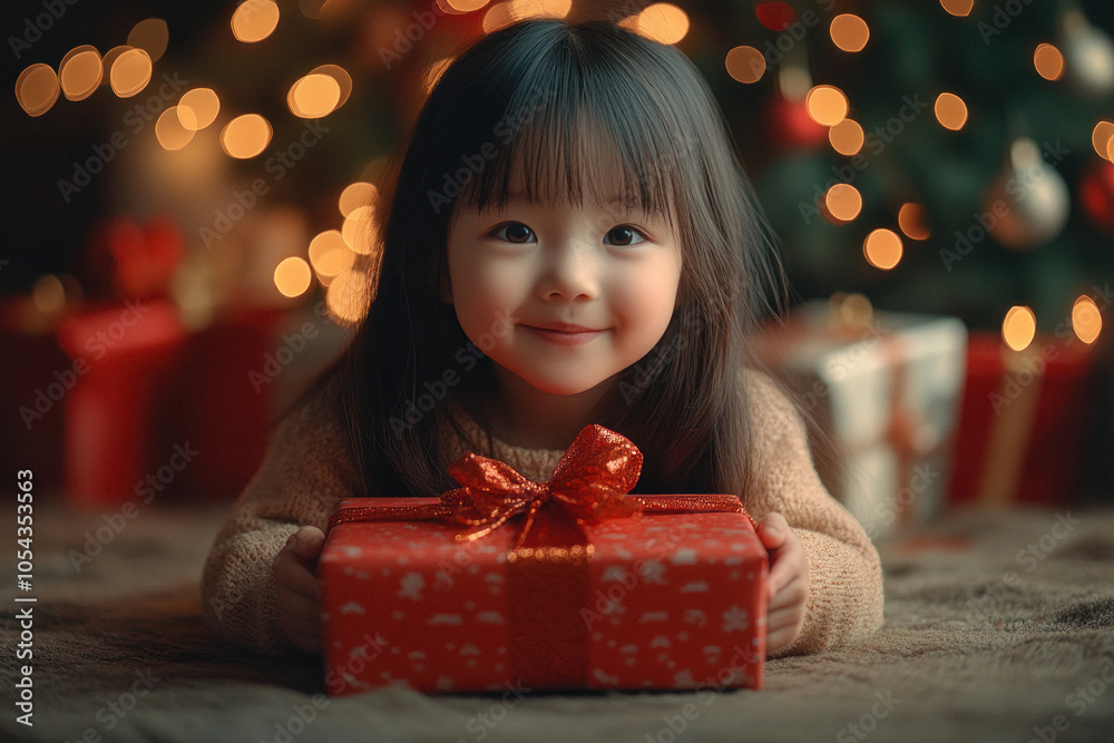 Smiling asian girl holding Christmas gift with bokeh lights background Smiling asian girl holding Christmas gift with bokeh lights background