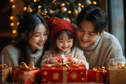 Asian family celebrating Christmas with gifts by the tree