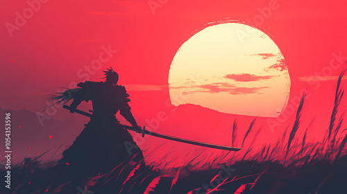 Silhouette of a samurai posing during sunset. warrior sword in silhouette art style, generative ai. Silhouette Art. Illustration photo