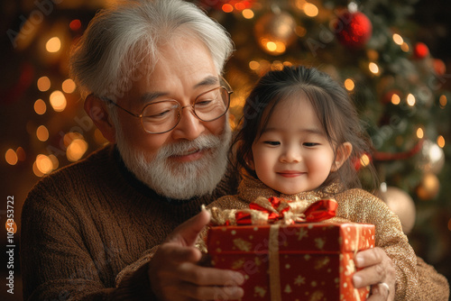 Asian grandfather and granddaughter sharing a special Christmas moment