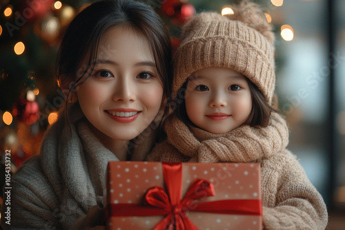 Mother and daughter sharing joyous Christmas moment with gift