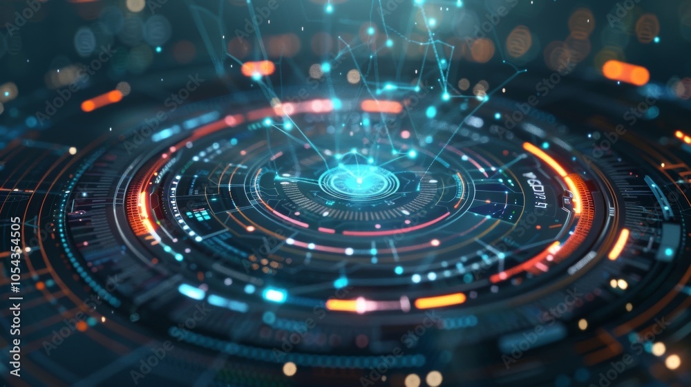 Futuristic hud interface with glowing lines and circles, showcasing complex data analysis and visualization Futuristic hud interface with glowing lines and circles, showcasing complex data analysis and visualization