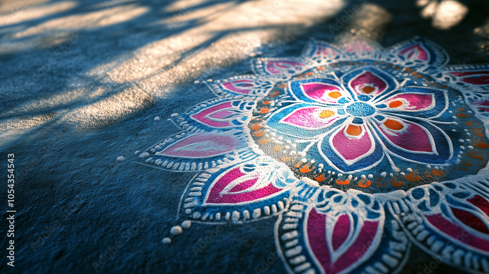 Fototapeta premium Pongal Kolam Art on Concrete Floor with Intricate Patterns