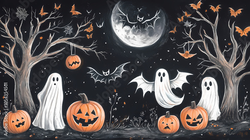 Spooky pastel chalk drawing halloween banner featuring bats, pumpkins, ghosts, and witches. Chalk Pastel Drawing. Illustration photo