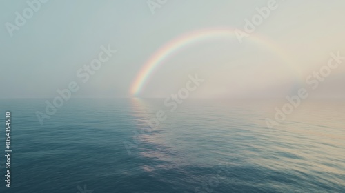 Hazy rainbow arcs floating over a calm ocean