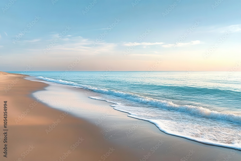 Obraz premium Serene beach at dawn with gentle waves, Nature, Calm