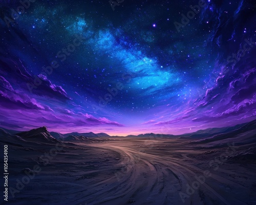 A vibrant cosmic landscape featuring a mesmerizing purple sky filled with stars, with a winding path leading into the horizon.