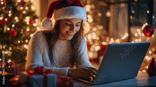 A woman wearing a Santa hat sits at a table and types on a laptop. A Christmas tree with lights is in the background. Presents are on the table in front of her.