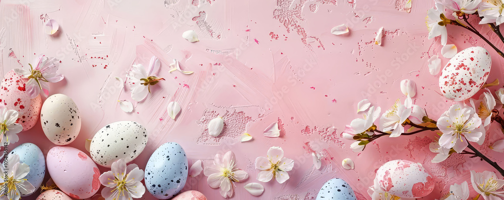 Happy Easter frame with blue, white eggs and cherry blossoms on light pink stone background with copy space. Spring horizontal banner template, greeting card. Top view, flat lay Happy Easter frame with blue, white eggs and cherry blossoms on light pink stone background with copy space. Spring horizontal banner template, greeting card. Top view, flat lay