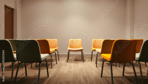 Chairs in room prepared for group psychotherapy session isolated with white highlights, png photo