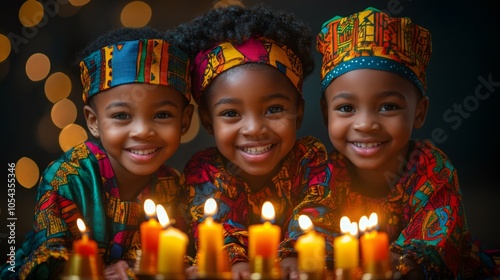 cultural celebration, kids in vibrant African clothes celebrate Kwanzaa, joyfully joining a ceremony with the lit kinara candles