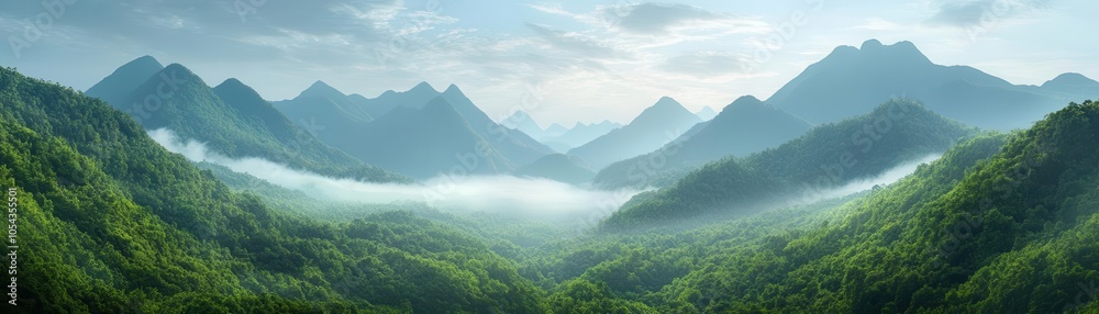 Naklejka premium Serene mountain vista with rolling clouds, Nature, Majesty