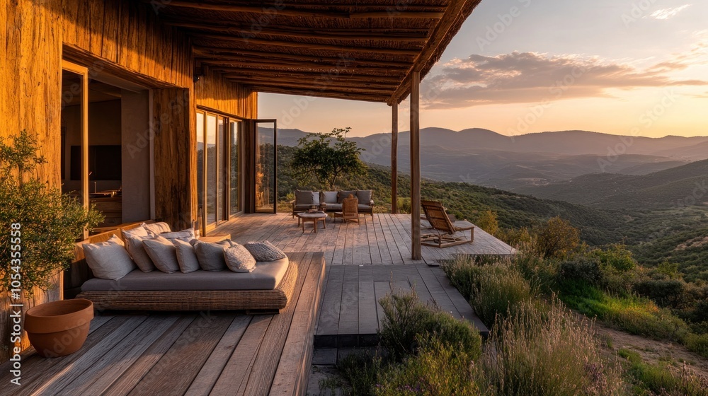 A wooden deck with comfortable furniture overlooks a valley with rolling hills and a sunset sky. A wooden deck with comfortable furniture overlooks a valley with rolling hills and a sunset sky.
