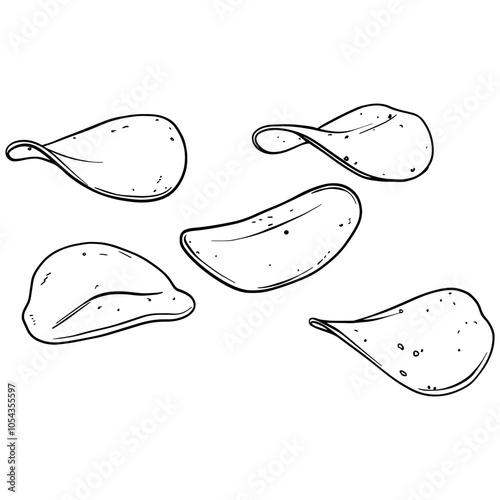 Potato chips sketch. Flying flying snacks painted by black inks. Hand drawn vector illustration on white background. Monochrome picture fast food. Appetizer advertising for pack