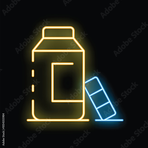 Bright neon glowing icon of milk or juice carton with drinking straw on black background