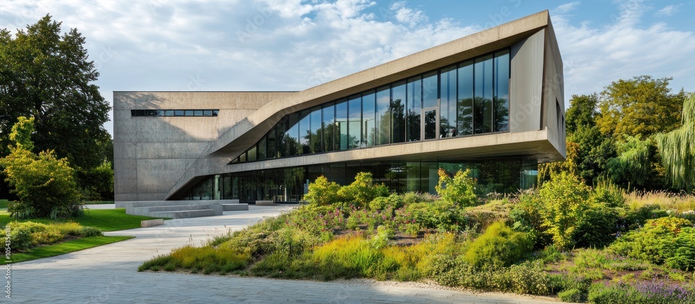 Modern building with a concrete facade and large glass windows, set amidst lush greenery. Modern building with a concrete facade and large glass windows, set amidst lush greenery.