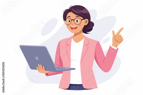 Cheerful Woman with Laptop Pointing Upwards on White Background