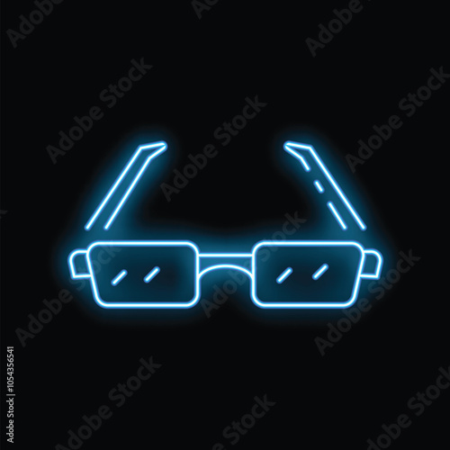 Blue neon sign of spectacles glowing on black background representing concept of vision
