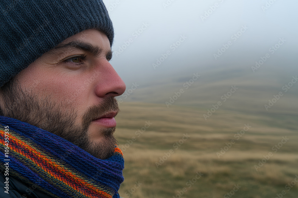 A man with a beard and a blue and orange scarf is looking out over a field A man with a beard and a blue and orange scarf is looking out over a field
