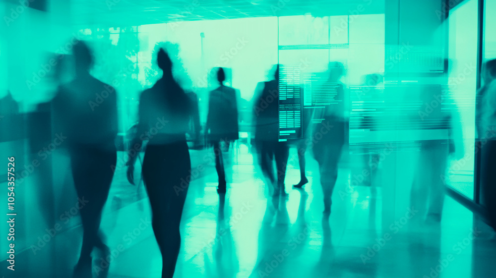 Abstract Silhouettes in Motion within Modern Office, Teamwork and Collaboration, Corporate Work Environment, Futuristic Business Space with Glass Walls and Busy Flow of Activity Abstract Silhouettes in Motion within Modern Office, Teamwork and Collaboration, Corporate Work Environment, Futuristic Business Space with Glass Walls and Busy Flow of Activity